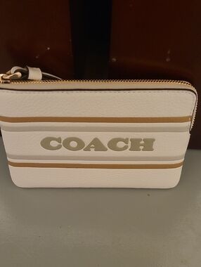 Coach White Wristlet with Tan and Gold Stripes